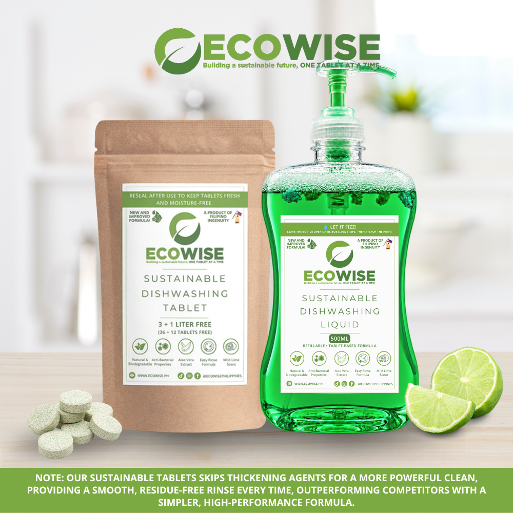 Ecowise Dishwashing Tablets Starter Set – 48 Tablets + 500ml Bottle | Makes 4–6L | Lime + Aloe Vera